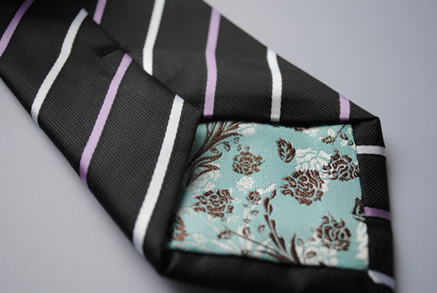 black tie with  thin purple and white stripes